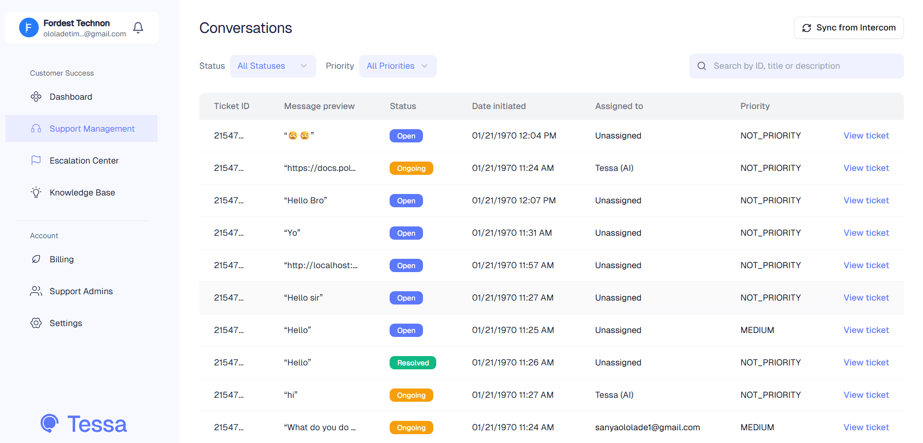 Tessa Dashboard — Conversations view